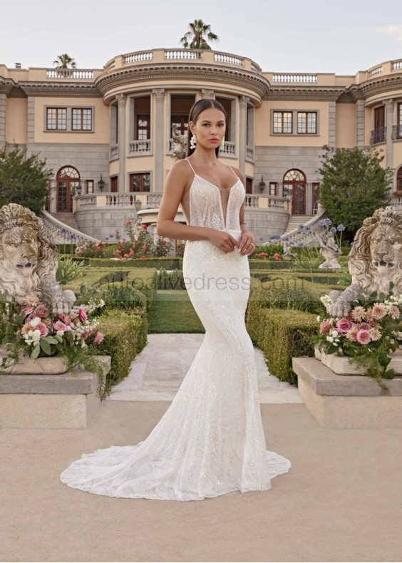 Spaghetti Straps Beaded Ivory Lace Sequins Wedding Dress Spaghetti Straps Beaded Ivory Lace Sequins Wedding Dress